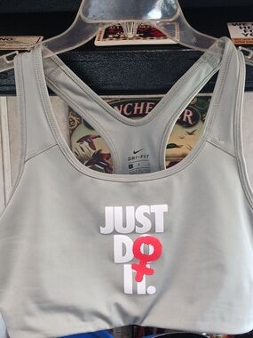 Nike Women's Light Gray Dri-FIT Sports Bra with White and Red Logo